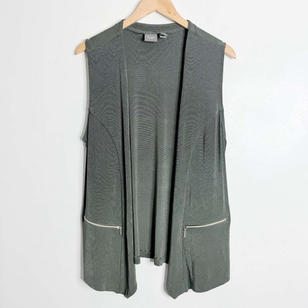 Chico's Olive Green Open Front Vest with Zipper Pockets